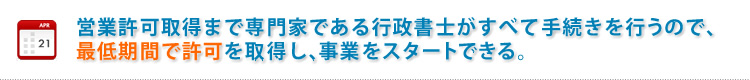 営業許可取得まで専門家である行政書士がすべて手続きを行うので、最低期間で許可を取得し、事業をスタートできる。